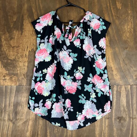 Lauren Conrad Womens Blouse Black Multi Floral Short Sleeve Pleated Flowy XL - Picture 8 of 10